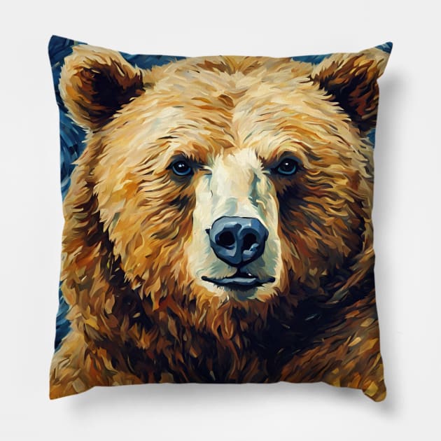 Bear Animal Painting in a Van Gogh Starry Night Art Style Pillow by Art-Jiyuu