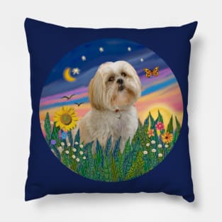 "Sunrise Garden" with a Lhasa Apso Pillow