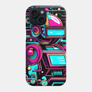 A piece that incorporates both retro and futuristic elements, such as robots and neon colors with a vintage twist. Phone Case