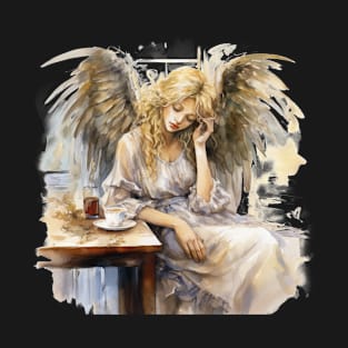Sleepy Angel Before Coffee Watercolor Style T-Shirt