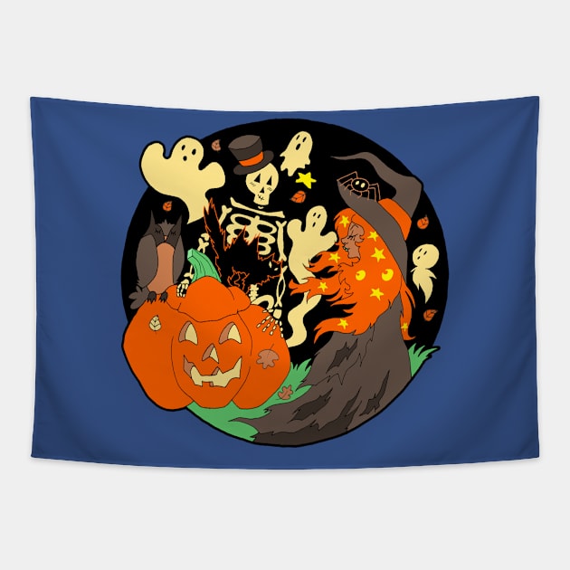 Halloween Witch Skeleton Pumpkin and Ghost Tapestry by saradaboru