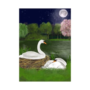 Swans nesting by moon light romantic nature T-Shirt