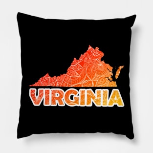 Colorful mandala art map of Virginia with text in red and orange Pillow