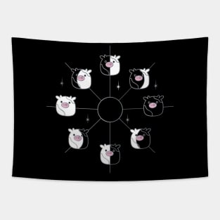 Kawaii Cow Phases of the Moon in Black and White Tapestry