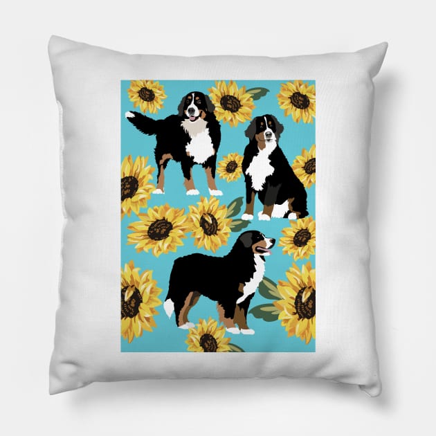 Bernese Mountain Dog and Sunflowers Pillow by HotPinkStudio.Me