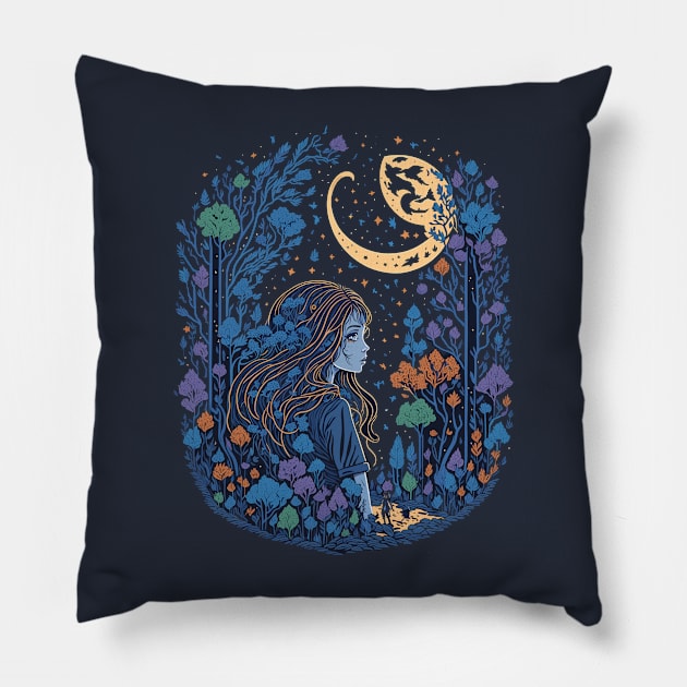 Cute Girl in the Woods at Night Time Pillow by ElMass