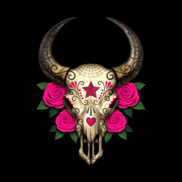 Bull Sugar Skull with Pink Roses by jeffbartels