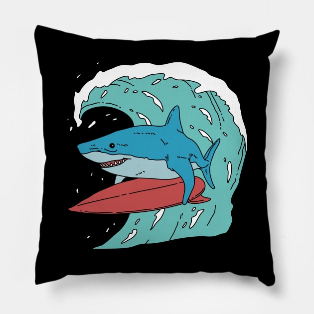 Blue Shark Surfing Pillow by Freid