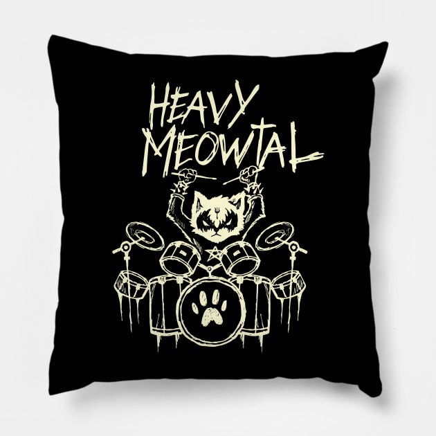 Heavy Metal Headbanger Gift Drummer Cat Playing Drum Meowtal Pillow by TellingTales