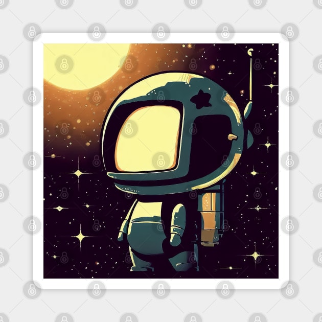 Cute little vintage cartoon astronaut with jetpack in space Magnet by TomFrontierArt