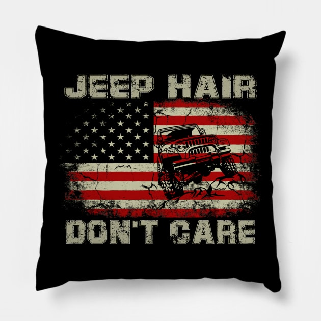 Jeep Hair Don't Care American Flag Jeep Jeeps Lover Pillow by Jane Sky