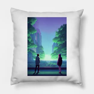 A Couple in Bridge Lofi Scenario Anime Landscape Pillow