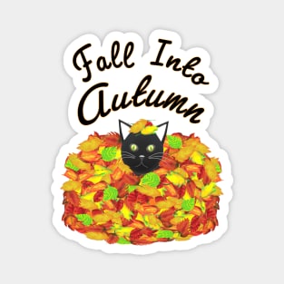 Fall Into Autumn. Kitty Cat in a Pile of Colorful Leaves. (White Background) Magnet