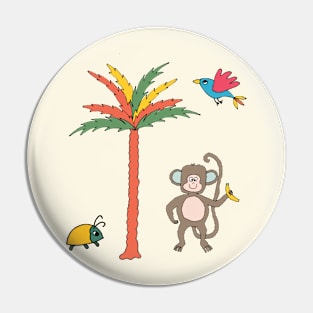 Monkey and banana with tropical bird, beetle and palm tree - kids décor and stickers Pin