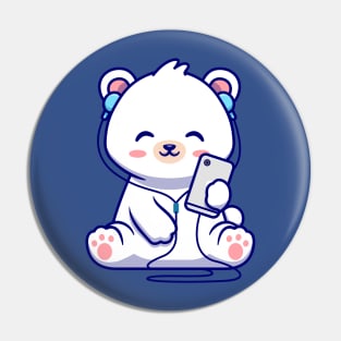 Cute Polar Bear Listening Music Cartoon Pin