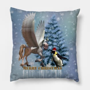 Merry christmas, funny pegasus with penguin Pillow