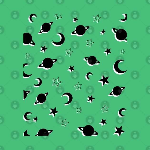 Space Planets and Stars Pattern on Green Background by OneThreeSix