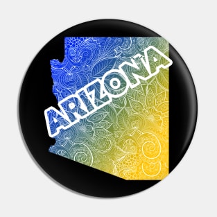 Colorful mandala art map Arizona with text in blue and yellow Pin