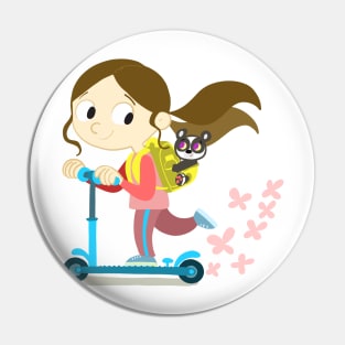 girl on a scooter with a backpack on her back Pin