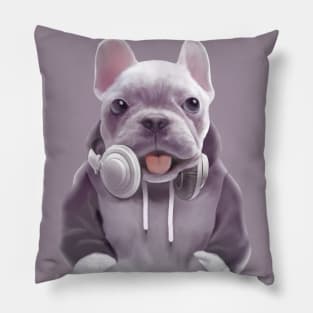 French Bulldog Puppy with Headphones Pillow