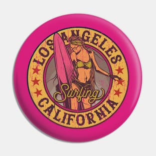 Los Angeles Girl surfing california distressed Pin