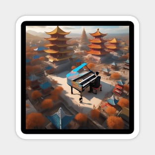 Pianist Playing In A Chinese Village Surrounded By Pagodas Magnet