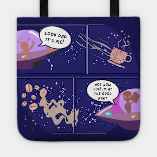 Coffee and reading - comic of an alien father reading a book as his son sees a coffee constellation Tote