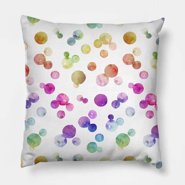 Small Rainbow Bright Pastel Watercolor Drops and Bubbles Pillow by podartist