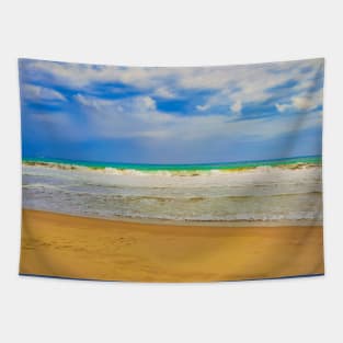 Sand beach wavy sea and cloud sky 1b Tapestry