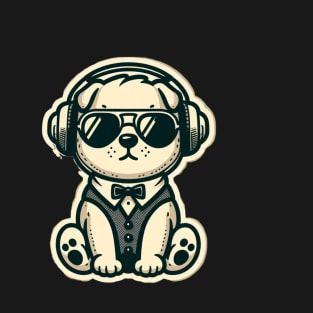 cute puppy in tuxedo with headphones and sunglasses T-Shirt