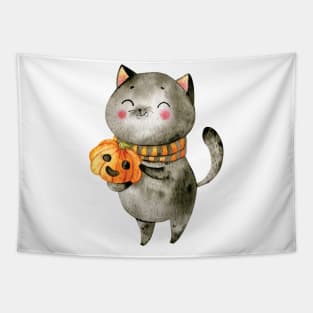 Spooky Halloween Cat - Cute Cat with Pumpkin Scarf Tapestry