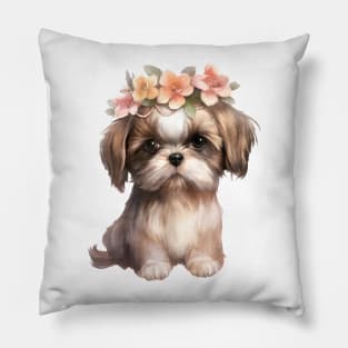 Watercolor Shih Tzu Dog with Head Wreath Pillow