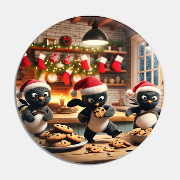 Christmas Ninja Cookie Snatcher Penguins Pin by TooplesArt