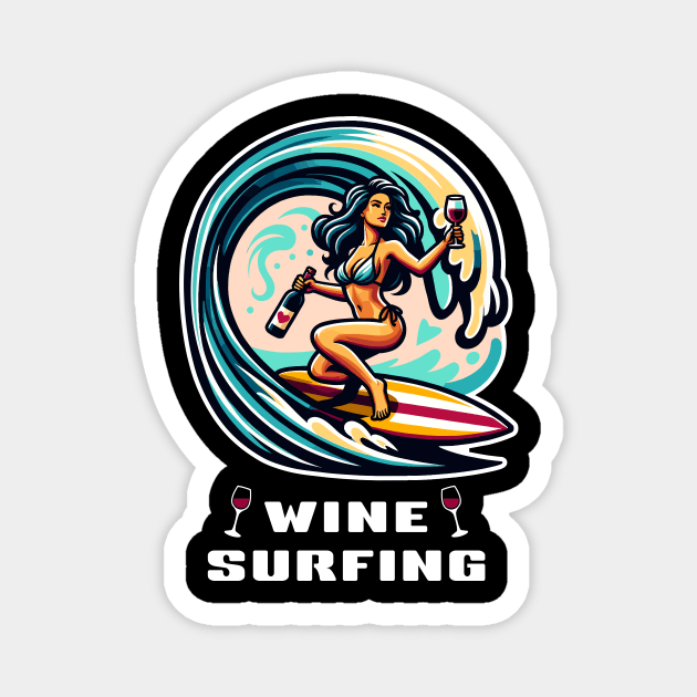 Wine Surfing funny t-shirt surfer woman in gorgeous bikini rides an ocean wave holding a wine bottle and a glass of wine Magnet by Cat In Orbit ®