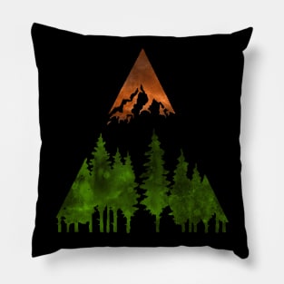 Dramatic mountain and forest scene in green and orange watercolors Pillow