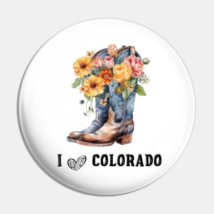 I Love Colorado Boho Cowboy Boots with Flowers Watercolor Art Pin