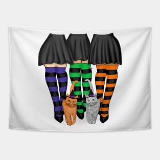 Three Witches Wearing Long Stripe Socks and Two Cats Tapestry