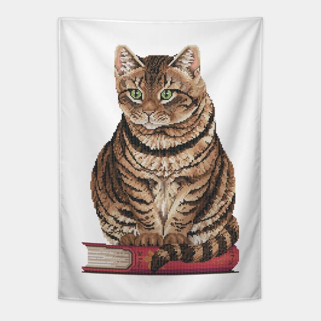 Cat Sitting On A Book Cross Stitch Tapestry by inotyler