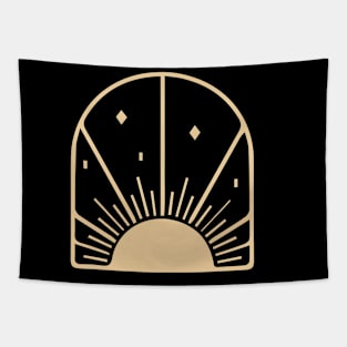 bohemian astrological design with sun, stars and sunburst. Boho linear icons or symbols in trendy minimalist style. Tapestry