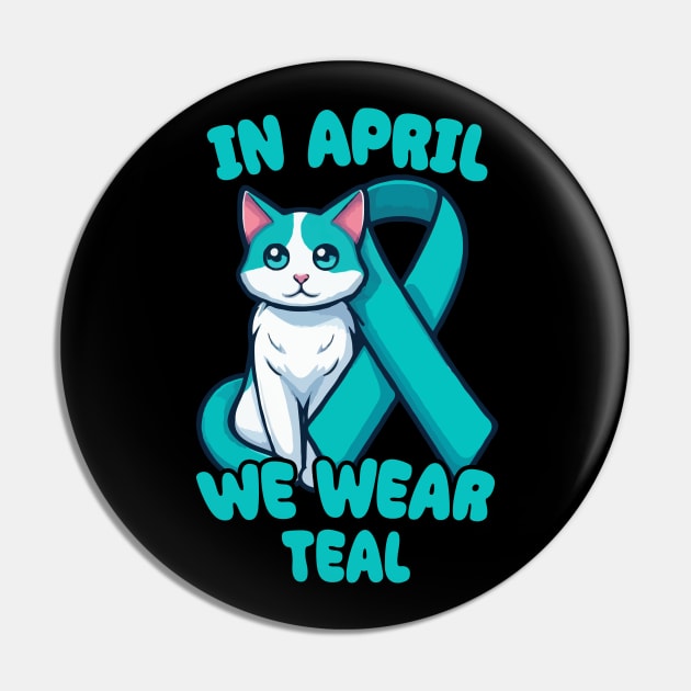 Sexual Assault And Violence Awareness Month Teal Ribbon With Cat Pin by MoDesigns22 