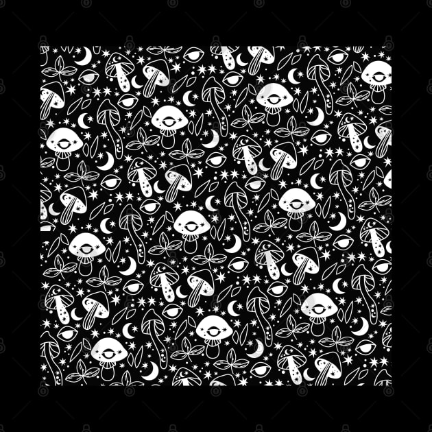 Cottagecore Mushroom Moon Black Pattern by Hypnotic Highs