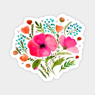 Watercolor poppies bouquet - pink and green Magnet