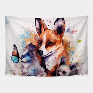 cute animals watercolor painting Tapestry