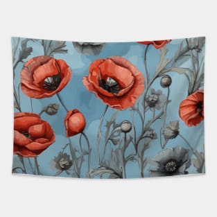 Peachy Red and Ash Poppies Floral Pattern on Dusty Sky Blue Tapestry