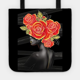 Black and white girl with color beautiful flowers in her head. Tote