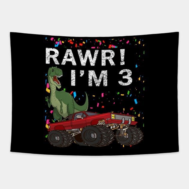 Kids 3 Year Old Shirt 3rd Birthday Boy T Rex Dinosaur Monster Truck Tapestry by melmahameed