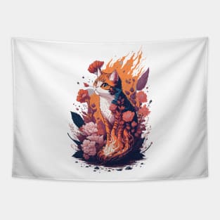 Cat in fire and flowers Tapestry