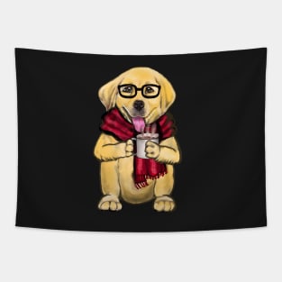 Dog wearing glasses and red scarf having a hot coffee tea drink cute Golden Labrador retriever puppy dog Tapestry