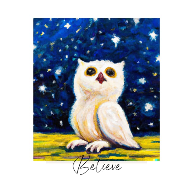 Starry Night Owl: Digital Art of a White Baby Owl and a Starry Sky by Karen Ankh Custom T-Shirts & Accessories