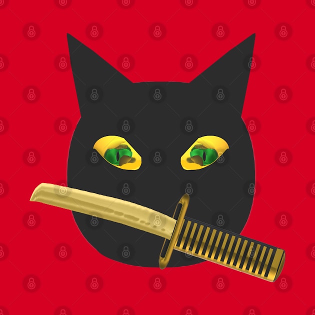 Halloween Ninja Cat. Black Cat with Jack o Lantern Eyes and Sword. (Orange Background) by Art By LM Designs 